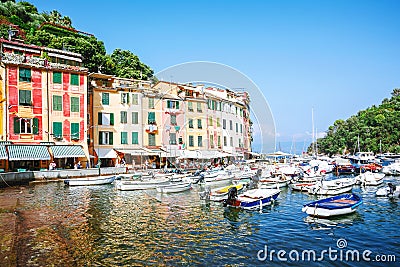 Port, Portofino, Italy, Genova,Liguria, 09 aug,18:tourists, cozy cafes, colored houses, boats and yachts in the picturesque harbor Editorial Stock Photo