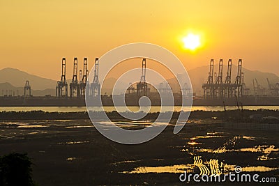 Yantian port in Shenzhen under sunset Stock Photo