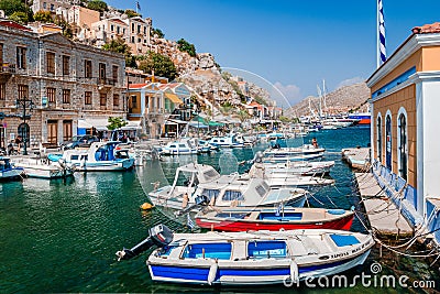 The port of Symi, Dodecanese, Greece. Editorial Stock Photo