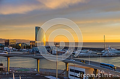 Port Vell with its cruise terminal and W Barcelona at sunrise Editorial Stock Photo