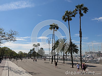 Port Vell promenade in Barcelona Editorial Stock Photo