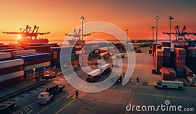 Port warehouse with cargoes and containers. Business Logistics transportation concept. Generative AI Stock Photo
