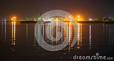 Port warehouse at night near Galati city Stock Photo