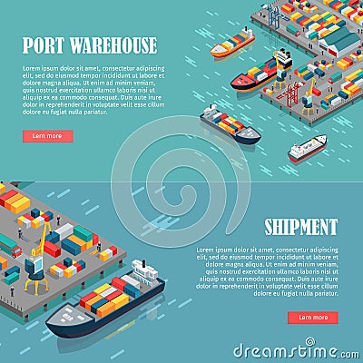 Port Warehouse and Shipment Banner. Vector Vector Illustration