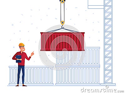 Port warehouse worker is receiving the container Vector Illustration