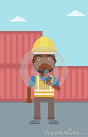 Port worker talking on wireless radio. Vector Illustration