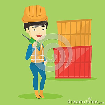 Port worker talking on wireless radio. Vector Illustration