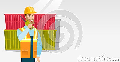 Port worker talking on wireless radio. Vector Illustration