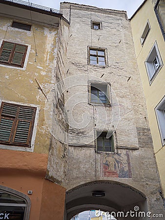 Porta della Rienza and Buildings in the Center of Brunico, Italy Stock Photo