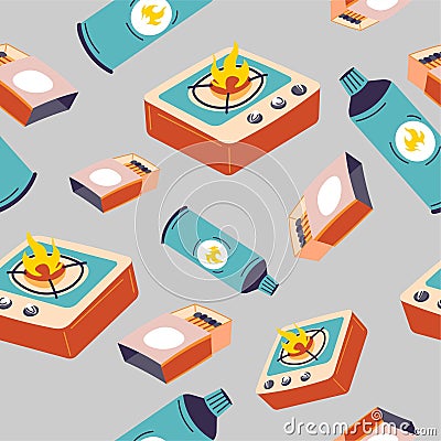 Portable camping stove and matches, pattern print Vector Illustration