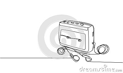 Portable cassette player, tape recorder one line art. Continuous line drawing of tape, retro, cassette, vintage, hipster Cartoon Illustration