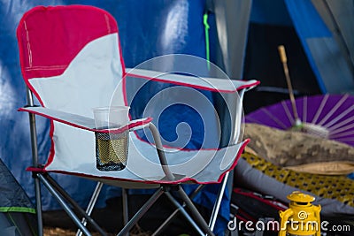 Portable chair with a glass of beer Stock Photo