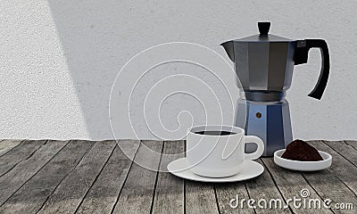 Portable coffee Moka pot for making espresso. Aluminum coffee pot. Use with gas stoves or magnetic stoves. white plaster wall and Stock Photo
