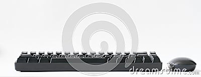 Portable computer keyboard equipped with mechanical switches and a black computer mouse on a white background. Wireless input Stock Photo
