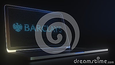Portable computer with the logo of BARCLAYS made with code strings, editorial conceptual 3d rendering Editorial Stock Photo