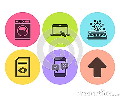 Portable computer, Typewriter and Phone survey icons set. Washing machine, View document and Upload signs. Vector Vector Illustration