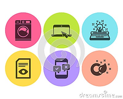 Portable computer, Typewriter and Phone survey icons set. Washing machine, View document and Paint brush signs. Vector Vector Illustration