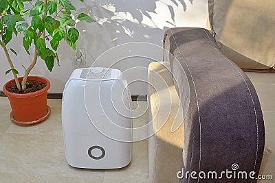 Portable dehumidifier colect water from air Stock Photo