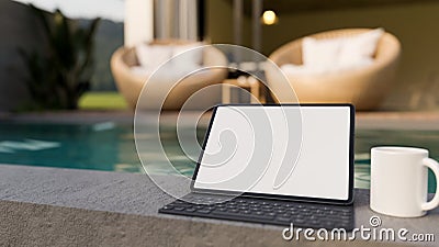 Portable digital tablet with wireless keyboard on stone pool coping over blurred swimming pool Cartoon Illustration