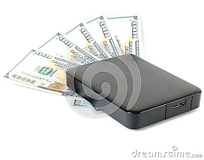 Portable drive USB on dollars pile for data is money concept Stock Photo