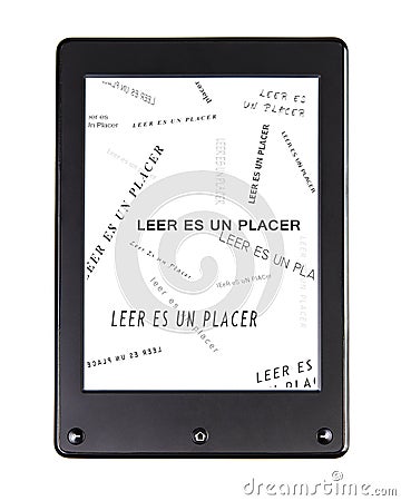Portable e-book reader for book and screen. Stock Photo