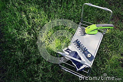 Portable electric rechargeable garden trimmer with replaceable cutting head and leather gloves Stock Photo