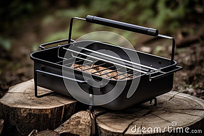 portable grill with charcoal and tongs in minimalist outdoor setting Stock Photo