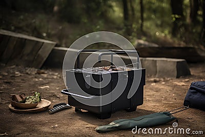 portable grill with charcoal and tongs in minimalist outdoor setting Stock Photo