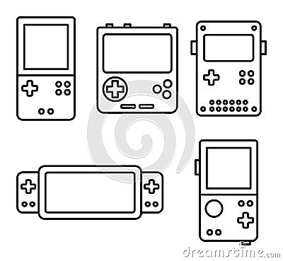 Portable handheld retro gaming console. Outline icons set. Object isolated on white background Cartoon Illustration