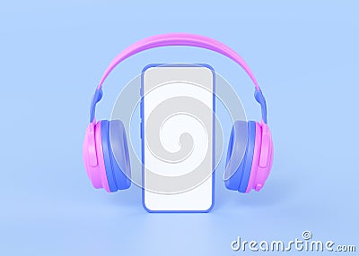 Portable headphones with phone and music notes 3d render illustration - wireless earphone, smartphone with white display Cartoon Illustration