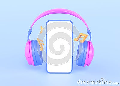 Portable headphones with phone and music notes 3d render illustration - wireless earphone, smartphone with white display Cartoon Illustration