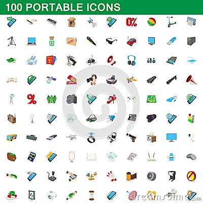 100 portable icons set, cartoon style Vector Illustration