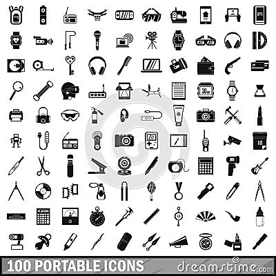 100 portable icons set, simple style Vector Illustration