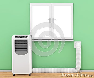 Portable Mobile Room Air Conditioner with Hose connected to Wind Stock Photo