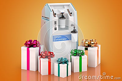 Portable Oxygen Concentrator with gifts, 3D rendering Stock Photo