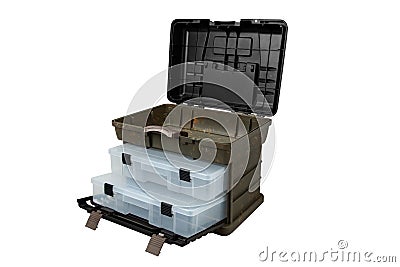 Portable plastic container with opening lid and additional sliding compartments. Fishing or hunting box. Isolate on a white back Stock Photo