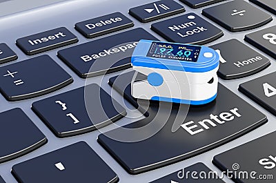 Portable Pulse Oximetry on laptop keyboard, 3D Stock Photo