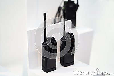 Portable radio transceiver sets on white background, close-up Stock Photo