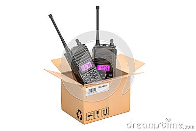 Portable radios walkie-talkie inside cardboard box, delivery con Stock Photo