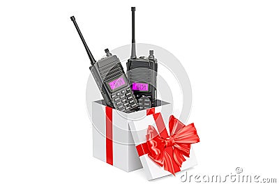 Portable radios walkie-talkie inside gift box, gift concept. 3D Stock Photo