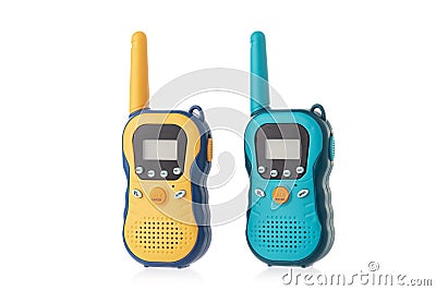 Portable radios Walkie talkie isolated on white background, color mobile phone kids toys Stock Photo