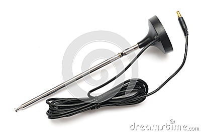 A portable receiver antenna for radios or televisions with gold plated plug and black cable Stock Photo