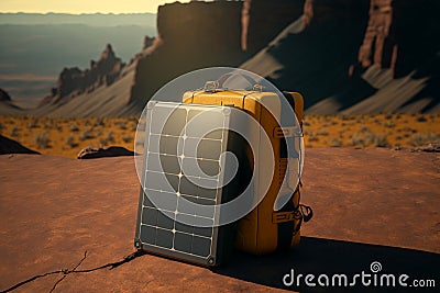 A portable solar panel against the backdrop of nature. Compact charging station AI generation Stock Photo