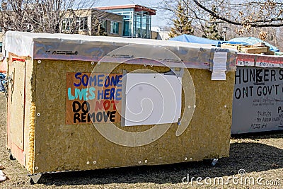 TORONTO, ONTARIO, CANADA - MARCH 18, 2021: PORTABLE TINY SHELTERS BUILT FOR HOMELESS PEOPLE IN TRINITY BELLWOODS PARK. Editorial Stock Photo