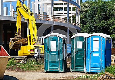 Portable toilets at the construction site Stock Photo