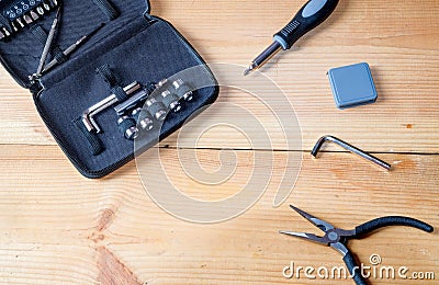Portable tools kit for technician put on wooden plate Stock Photo