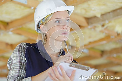 portait beautiful engineer woman thinking Stock Photo