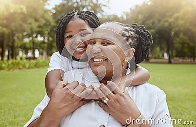 Portait, children and piggyback with a mother and daughter in a park together on a sunny summer day. Happy, face and Stock Photo