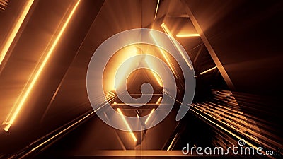 Portal of beautiful neon lights with glowing orange lines in a tunnel Stock Photo