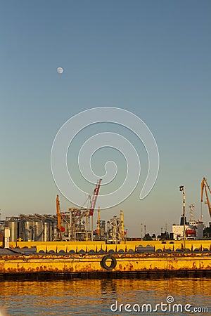 Portal cranes of port in Odessa, Black Sea. Berth moorings Stock Photo